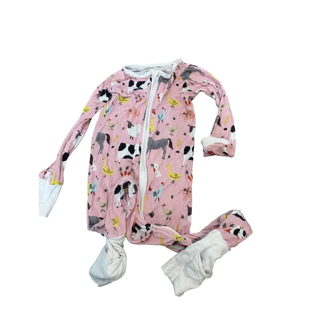 Little Sleepies Pajama One Piece Kids 3T Pink Farm Animal‎ Print Long Zip Footed